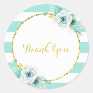 Mint, Gold and White Floral Thank You Stickers