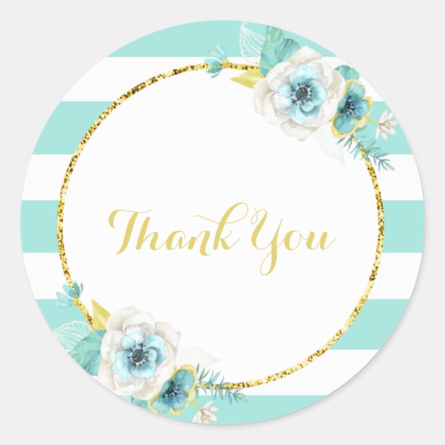 Mint, Gold and White Floral Thank You Stickers (Front)