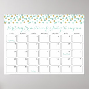 Mint Gold Baby Birthday Prediction Calendar Poster
