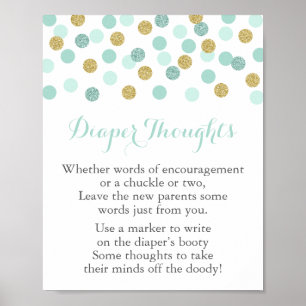 Mint & Gold Baby Shower Diaper Thoughts Game Sign