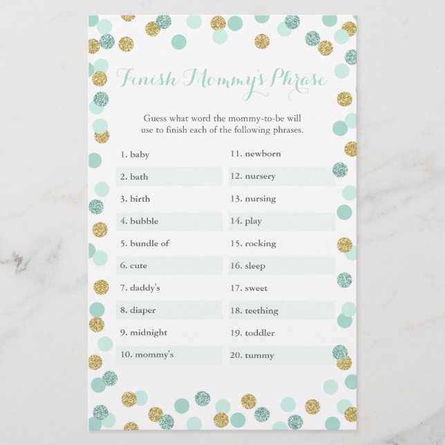 Mint & Gold Baby Shower Finish Mummy's Phrase Game (Front)