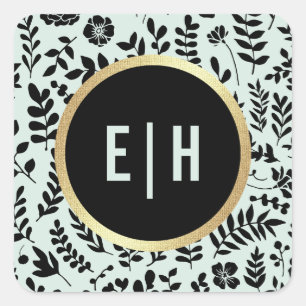 Mint Gold Black Floral Monogram Wedding Square Sticker