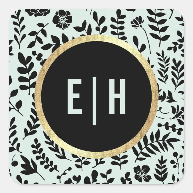 Mint | Gold | Black Floral Monogram Wedding Square Sticker (Front)