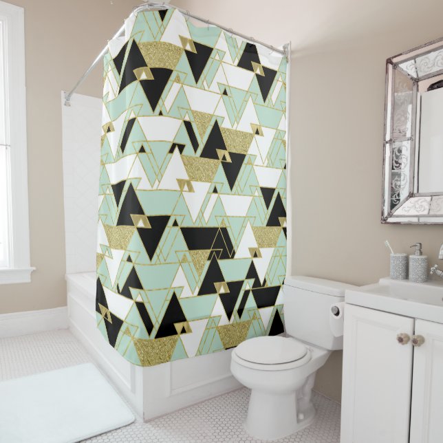 Mint Gold Black White Boho Glam Triangles Pattern Shower Curtain (In Situ)