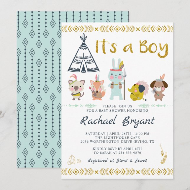 Mint Gold Boho Animals It's A Boy Baby Shower Invitation (Front/Back)