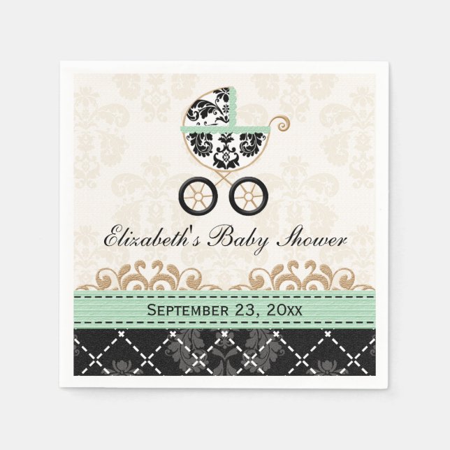 Mint Gold Damask Carriage Baby Shower Napkin (Front)