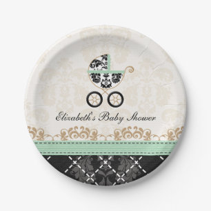 Mint Gold Damask Carriage Baby Shower Paper Plate