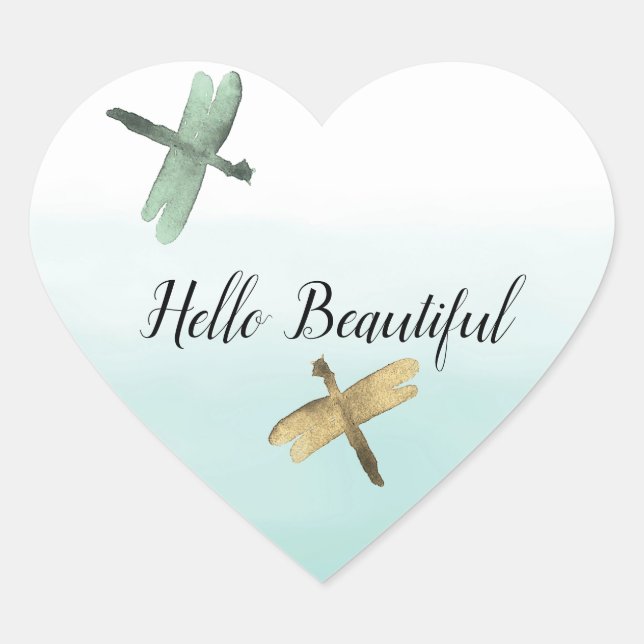 Mint Gold Dragonflies Ombre Watercolor Heart Sticker (Front)