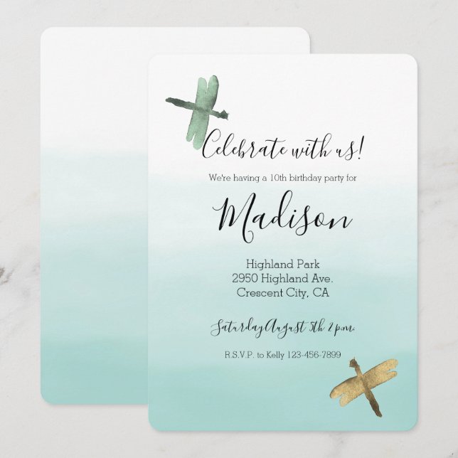 Mint Gold Dragonflies Ombre Watercolor Invitation (Front/Back)