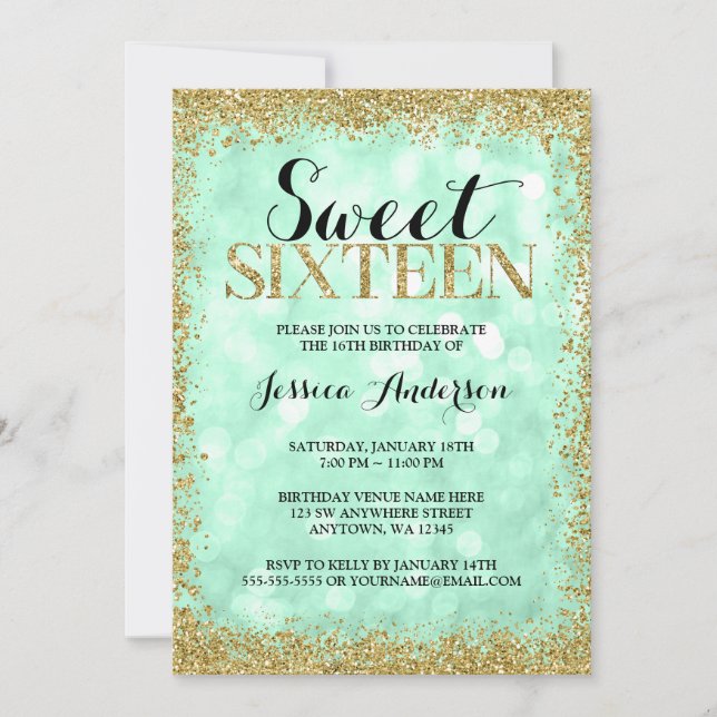 Mint Gold Faux Glitter Lights Sweet 16 Birthday Invitation (Front)