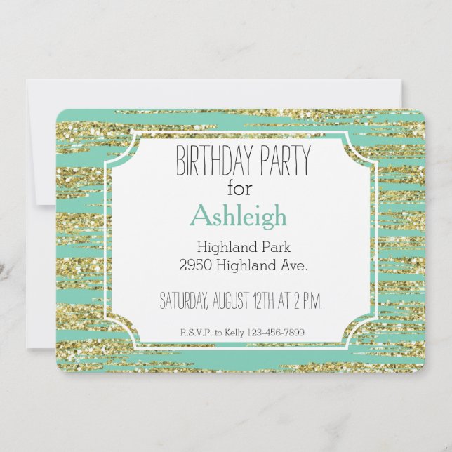 Mint Gold Faux Glitter Stripes birthday Invitation (Front)