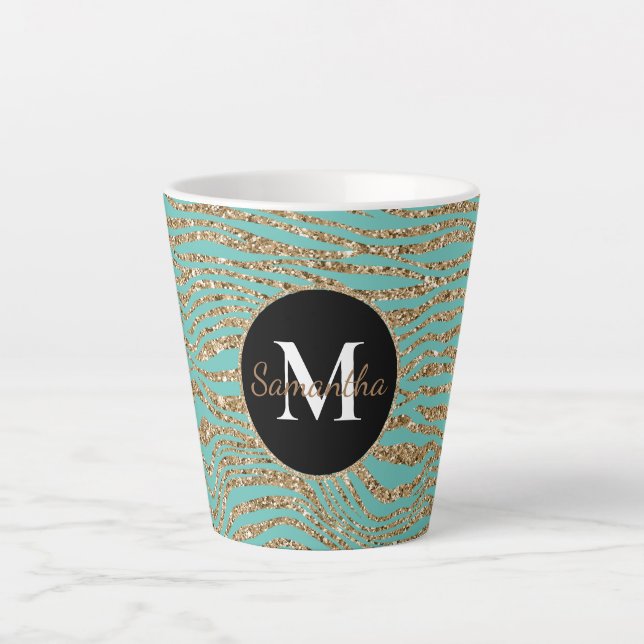 Mint Gold Faux Glitter Zebra Print Latte Mug (Front)