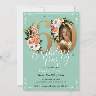 Mint Gold Floral Boho Custom Photo 60th Birthday Invitation