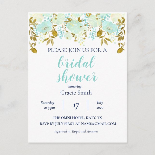 Mint & Gold Floral Bridal Shower Invitation Postcard (Front)