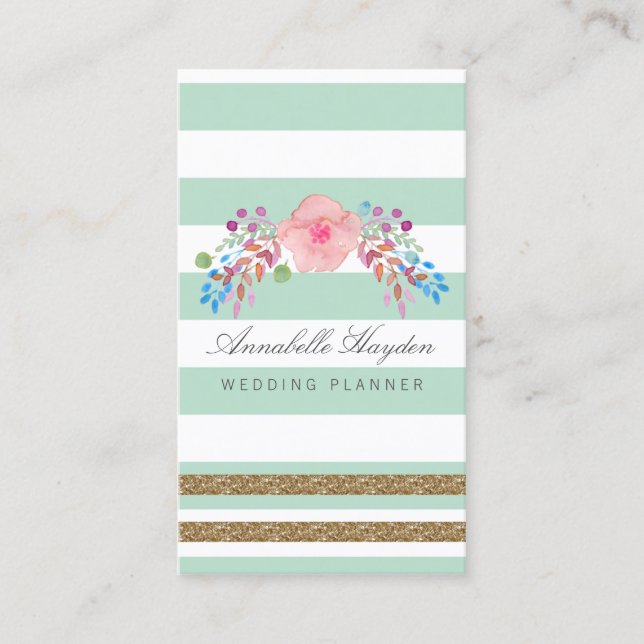 mint gold floral business cards (Front)