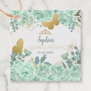 Mint Gold Floral Butterfly Quinceañera  Favour Tags