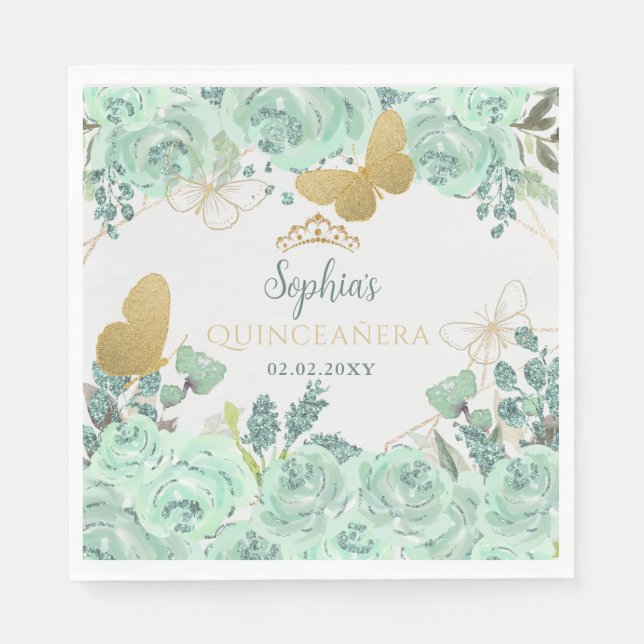 Mint Gold Floral Butterfly Quinceañera  Napkin (Front)