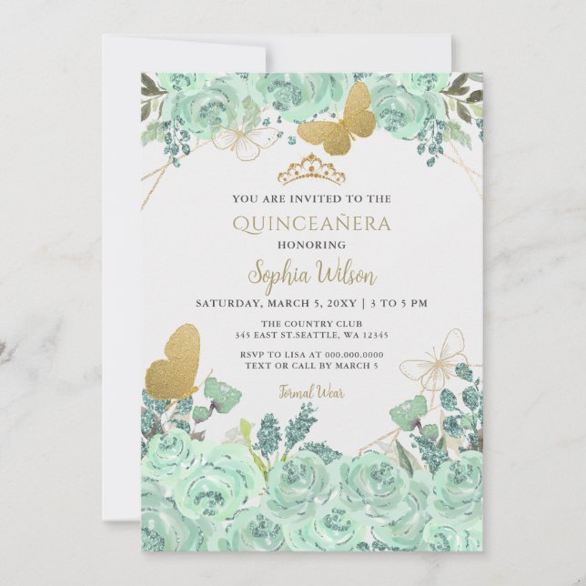 Mint Gold Floral Butterfly Quinceañera Quince  Invitation (Front)