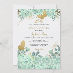 Mint Gold Floral Butterfly Quinceañera Quince Invitation