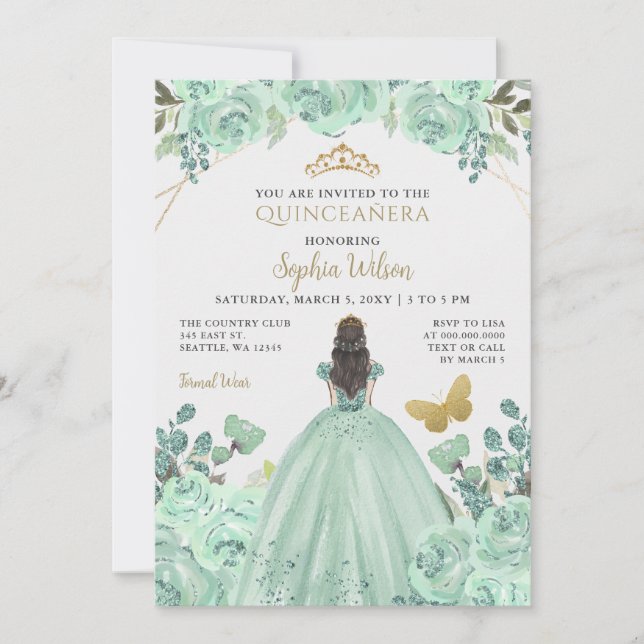 Mint Gold Floral Princess Quinceañera Quince  Invitation (Front)