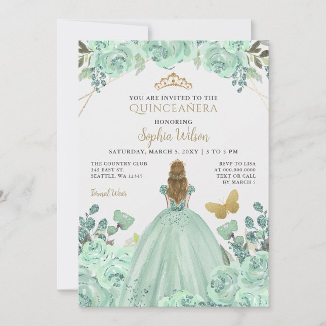 Mint Gold Floral Princess Quinceañera Quince  Invitation (Front)