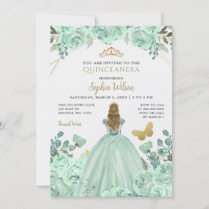 Mint Gold Floral Princess Quinceañera Quince Invitation