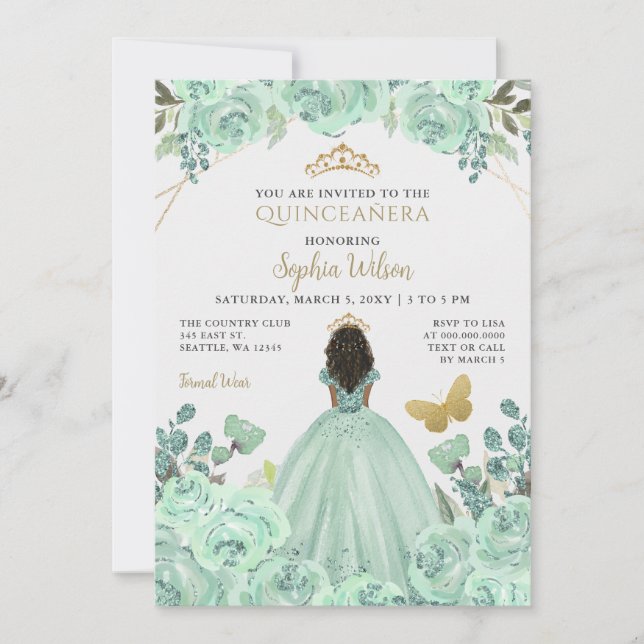 Mint Gold Floral Princess Quinceañera Quince  Invitation (Front)