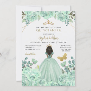 Mint Gold Floral Princess Quinceañera Quince Invitation