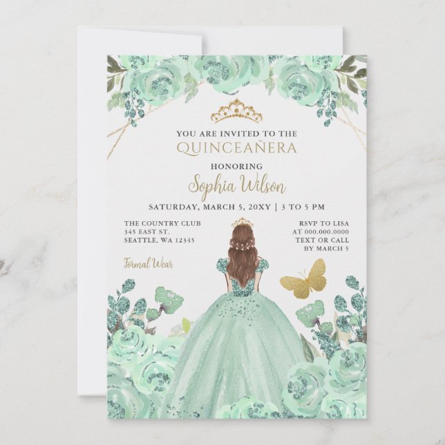 Mint Gold Floral Princess Quinceañera Quince  Invitation (Front)