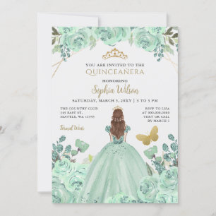 Mint Gold Floral Princess Quinceañera Quince Invitation