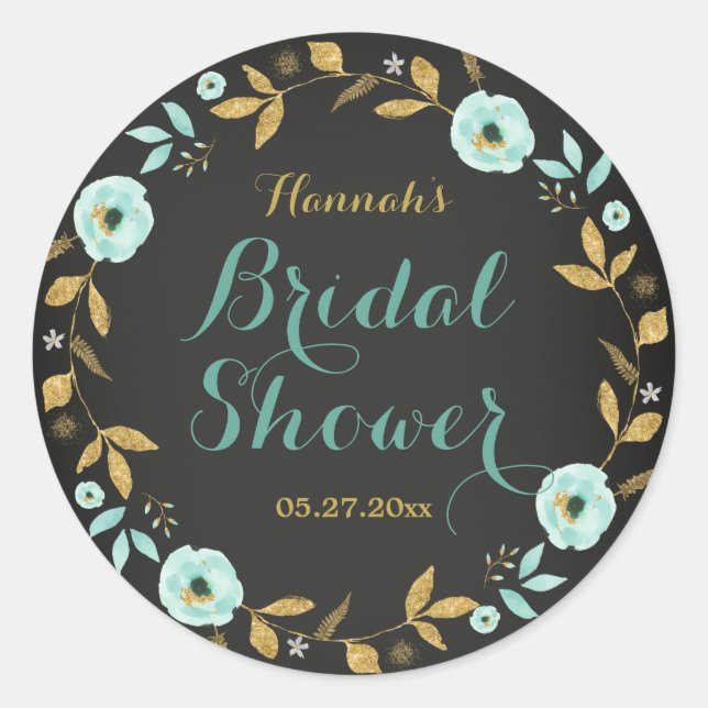 Mint Gold flower Chalkboard Bridal Shower Sticker (Front)