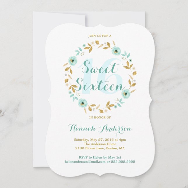 Mint Gold flower Wreath Sweet Sixteen Invite (Front)