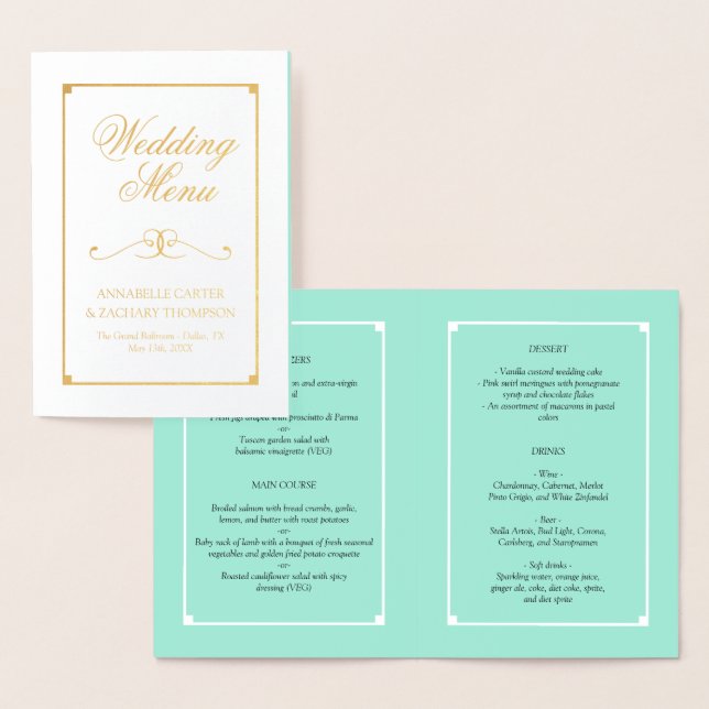 Mint & Gold Foil Elegant Wedding Menu (Display)