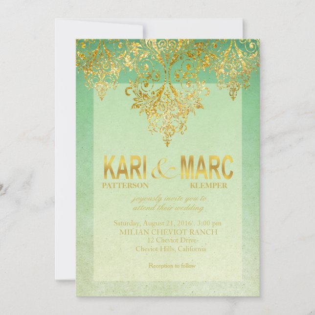 Mint & Gold Gatsby Glitter Flourish Wedding Invitation (Front)