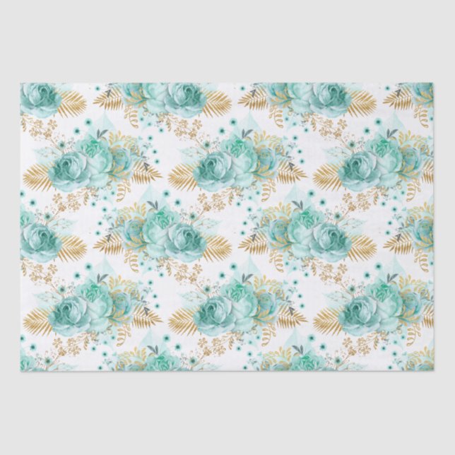Mint Gold Glam Floral Tissue Paper (Front)