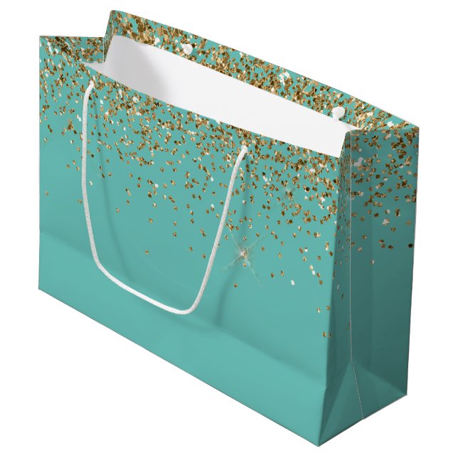 Mint Gold Glam Glitter Wedding  Large Gift Bag (Front Angled)