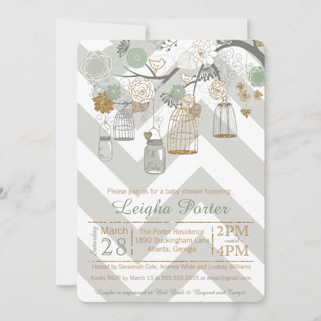 Mint Gold Glitter Baby Shower Mason Jar Bird Cages Invitation (Front)