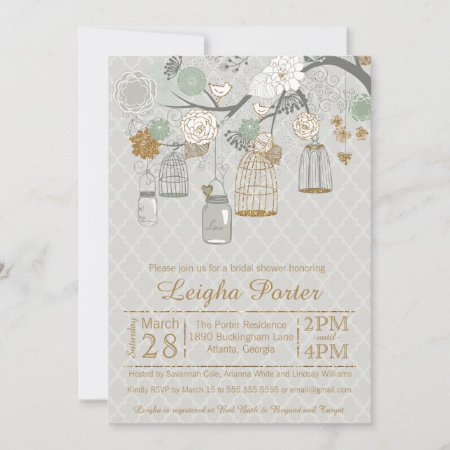 Mint Gold Glitter Bridal Shower Mason Jars Cages Invitation (Front)