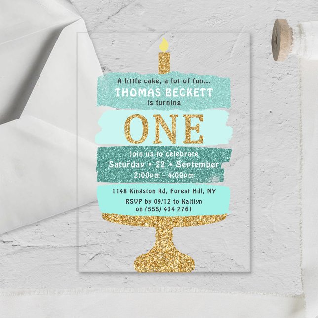 Mint & Gold Glitter Cake 1st Birthday Acrylic Invitations (Creator Uploaded)