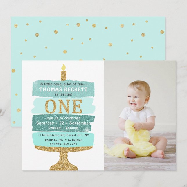 Mint & Gold Glitter Cake Photo 1st Birthday Invitation (Front/Back)