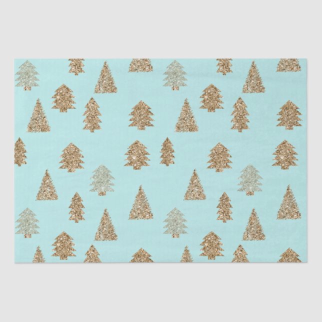 Mint Gold Glitter Christmas Trees Tissue Paper (Front)