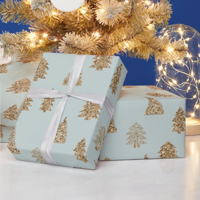 Mint Gold Glitter Glam Christmas Trees Wrapping Paper (Holidays)