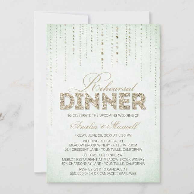 Mint & Gold Glitter Look Rehearsal Dinner Invitation (Front)