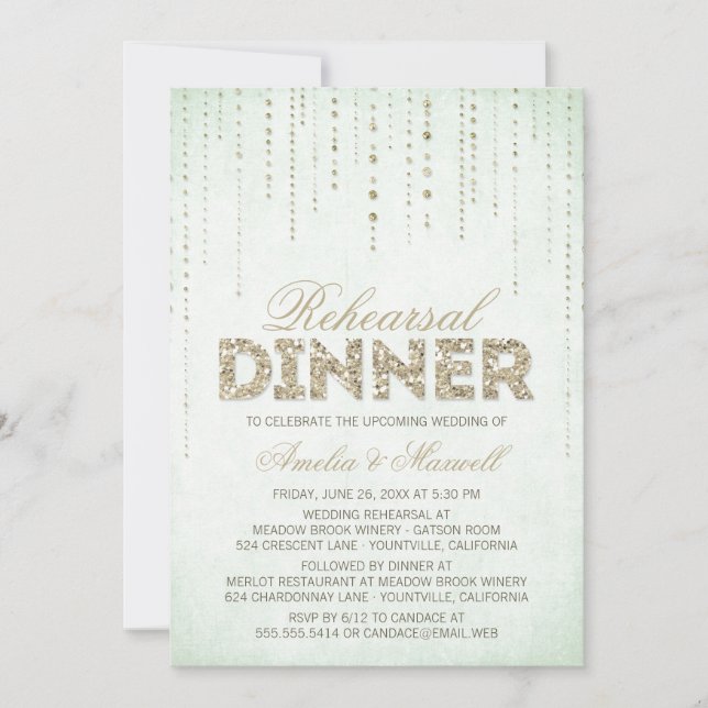 Mint & Gold Glitter Look Rehearsal Dinner Invite (Front)