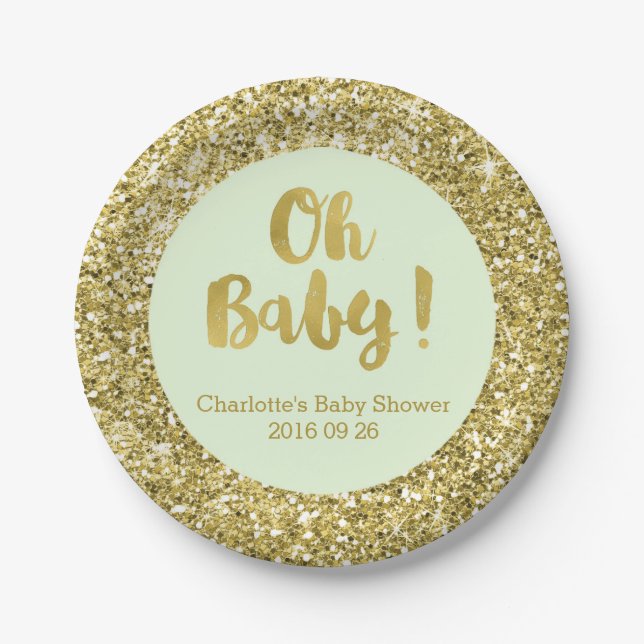 Mint Gold Glitter Oh Baby Baby Shower Plate (Front)
