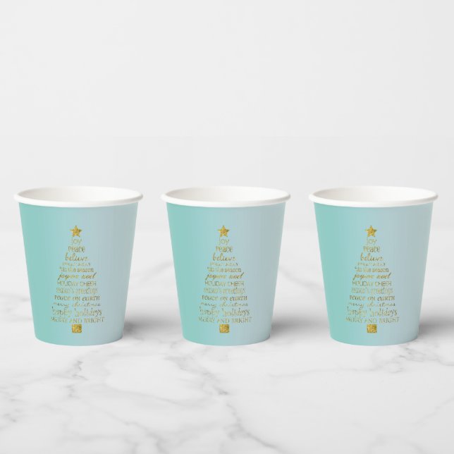 Mint Gold Inspirational Christmas Tree Peace Joy Paper Cups (Multi)