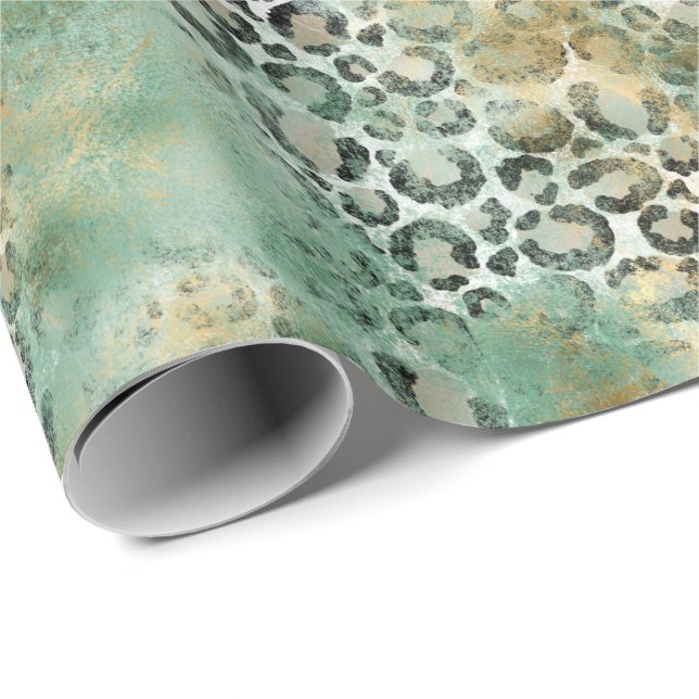 Mint Gold Leopard Print Wrapping Paper (Roll Corner)