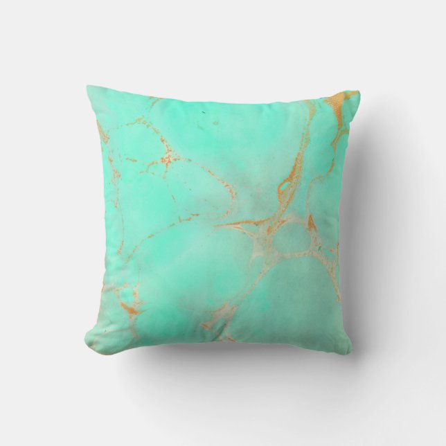 Mint & Gold Marble Abstract Aqua Teal Painted Look Cushion (Front)