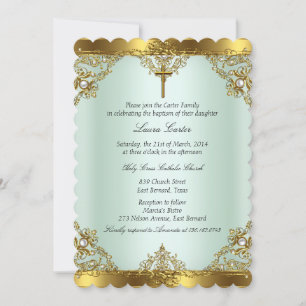 Mint Gold Pearl Damask Cross Baptism Christening 3 Invitation