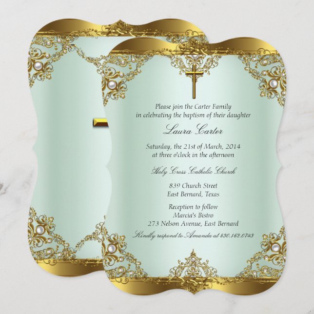 Mint Gold Pearl Damask Cross Baptism Christening 3 Invitation (Front/Back)